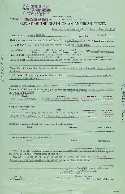 1963 death report 1963 Death Report for James McArdle
