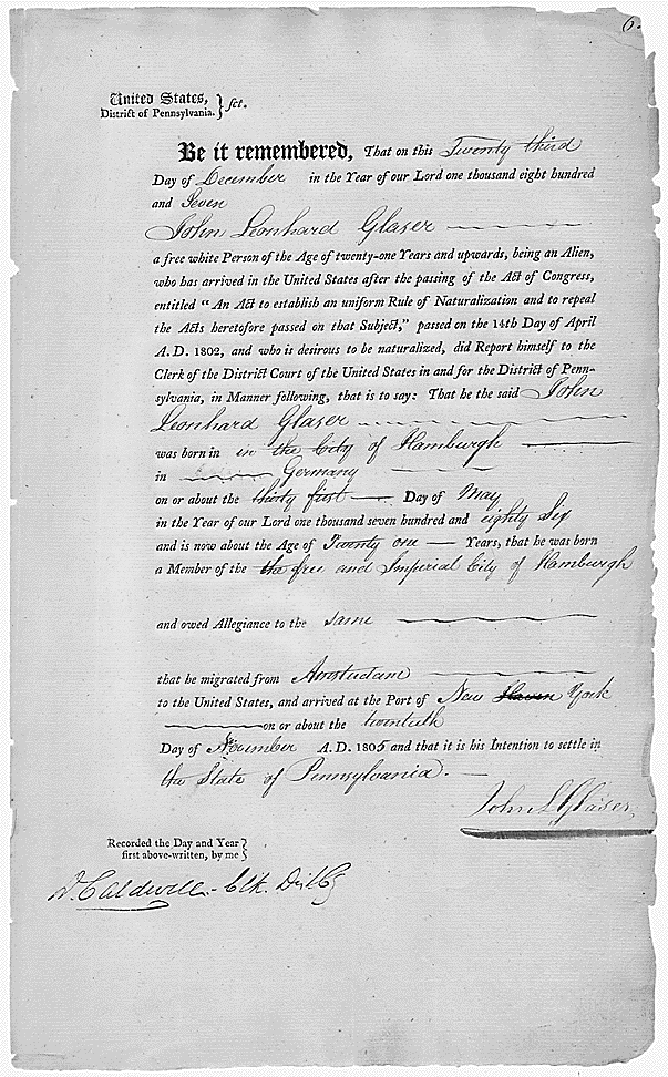 37-2299a Landing report for John Leonard Glaser of Hamburg, Germany, November 20, 1805 (M1639).