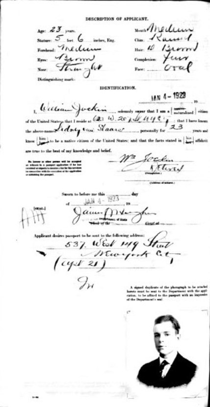 Van Slaars passport2 1923 assport Application of Sidney van Slaars