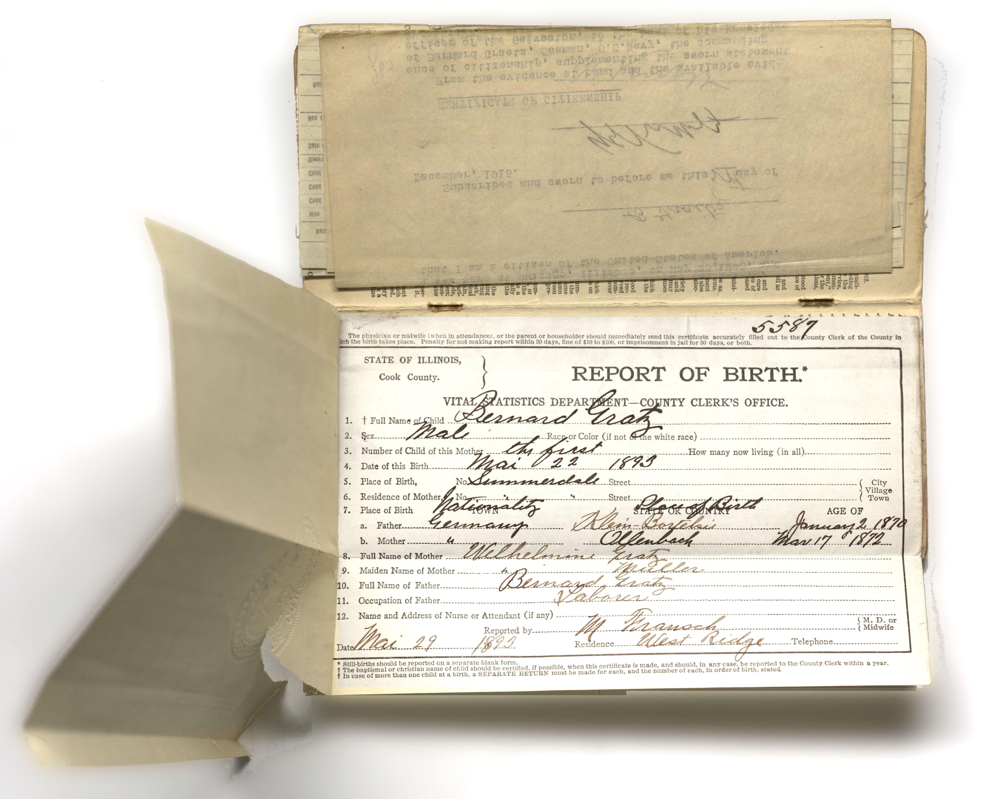 Graetz Bernard Birth Certificate National Personnel Records Center (Archival Operations Branch) (NRPAO), Graetz Bernard World War I Naval Military Personnel Record