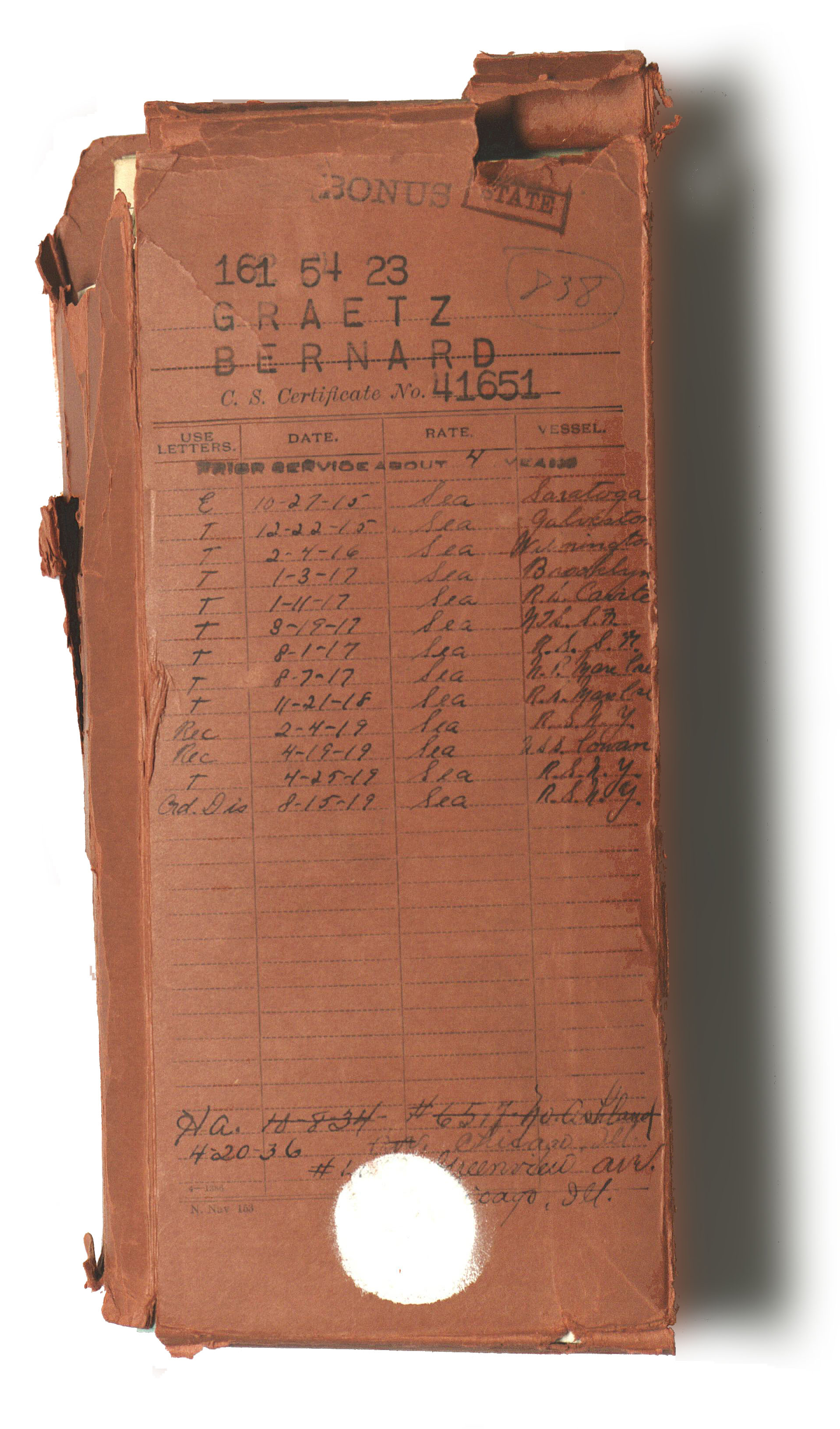 Graetz Bernard-Document Jacket National Personnel Records Center (Archival Operations Branch) (NRPAO), Graetz Bernard World War I Naval Military Personnel Record