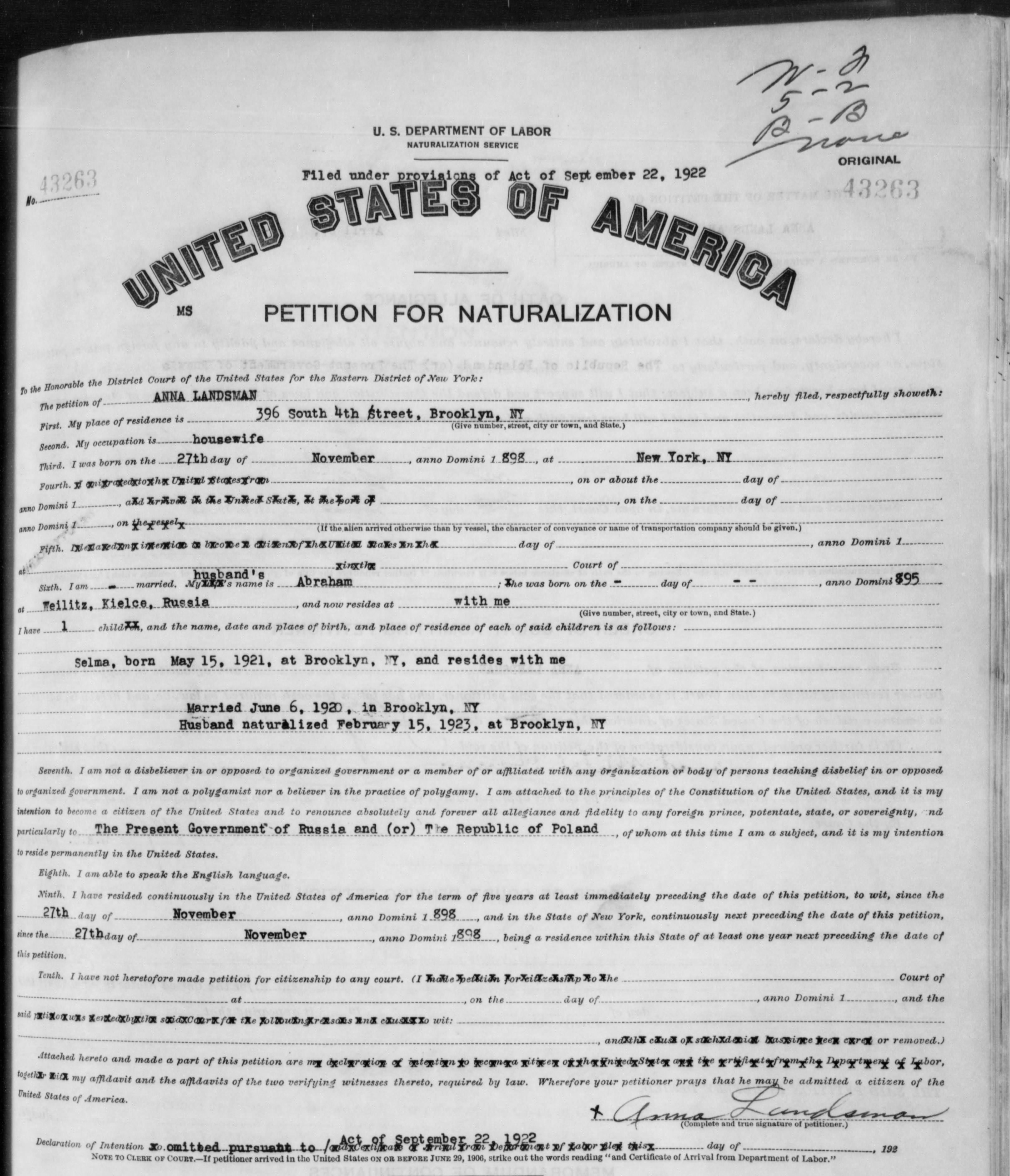 Petition for Naturalization (1922) Petition for Naturalization (1922)