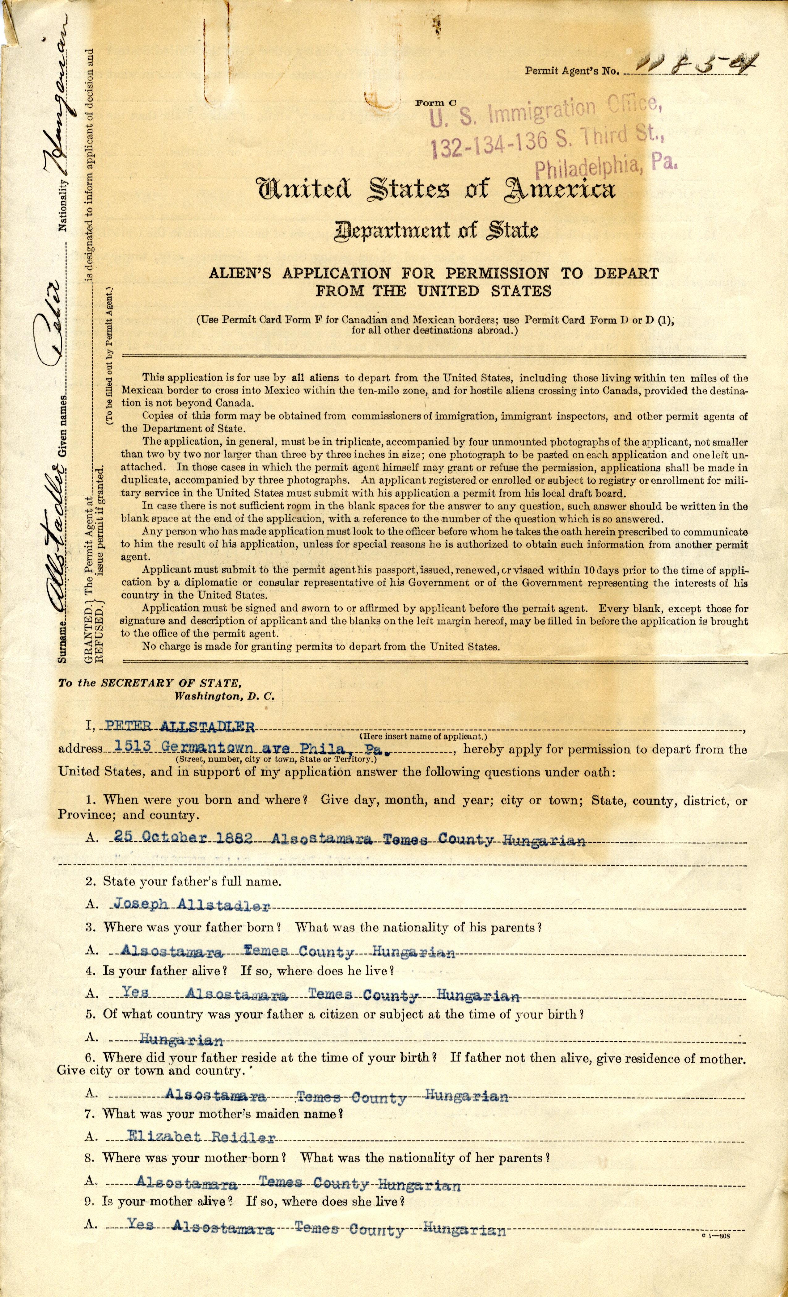 Cover page of the "Aliens' Application for Permission to Depart from the United States" Cover page of the "Aliens' Application for Permission to Depart from the United States"