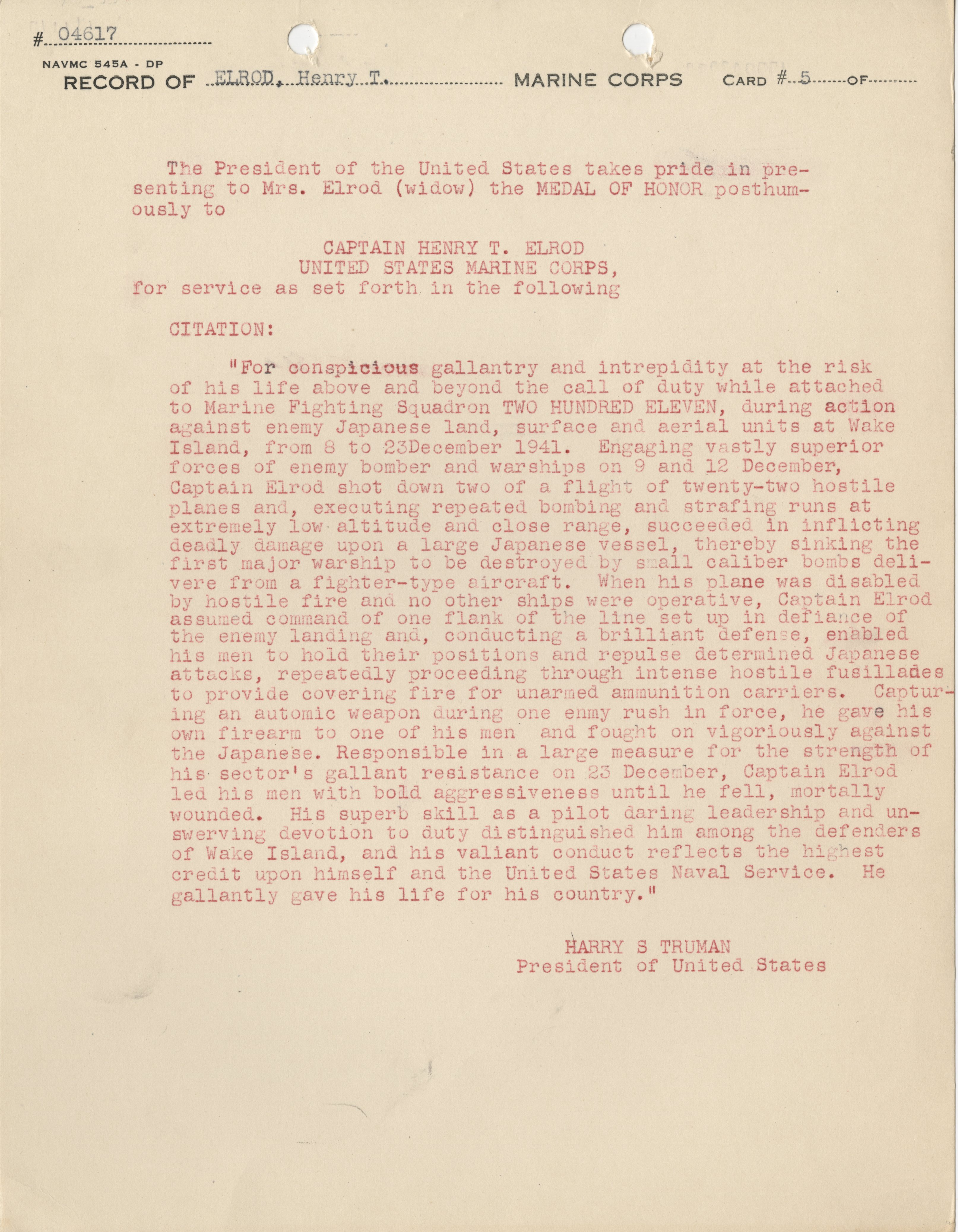 Medal of Honor Citation from President Harry S. Truman Medal of Honor Citation from President Harry S. Truman