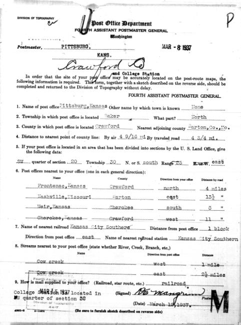 M1126 Crawford1 1937 Post Office Site Location Report for Pittsburg, KS