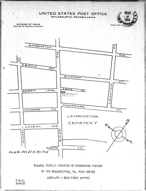 M1126 Philadelphia5 1915 map showing location of Roxborough Station Post Office in Philadelphia, PA