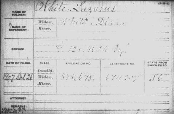 T288 ROLL 513 2 Civil War pension index card for Lazarus White's widow, Diana