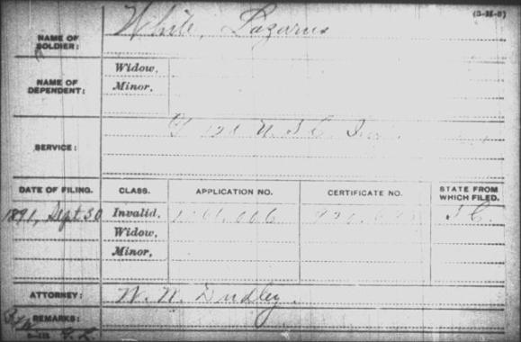 T288 ROLL 513 Civil War pension index card for Lazarus White