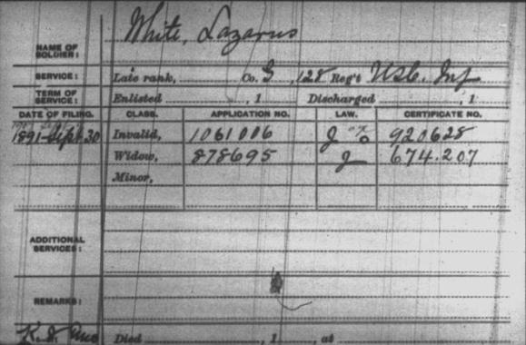 T289 ROLL 570 Civil War pension index card for Lazarus White and his widow, Diana