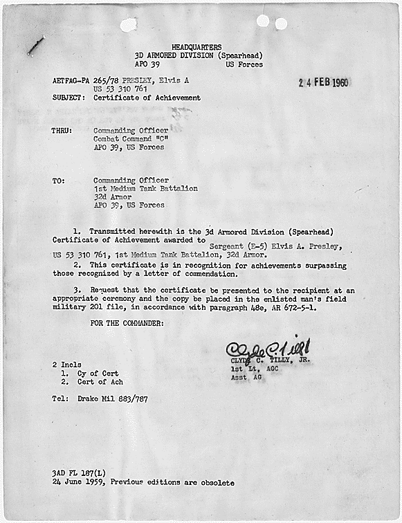 Letter from Lt Colonel Verne L. Bowers to the Honorable Frank Kowalski, Member of Congress, explaining that Elvis Presley will not be given an early release for "good behavior"., 09/08/1959 - 08/08/1959