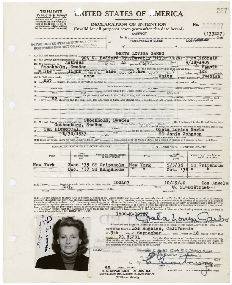 Declaration of Intention for Greta Garbo, 09/09/1948