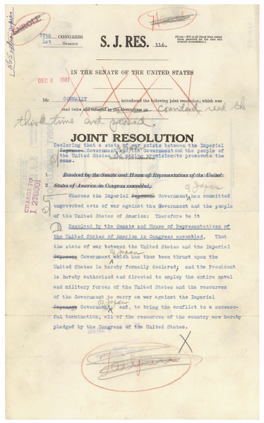 Senate Joint Resolution 116, Declaring War Against Japan, 12/08/1941