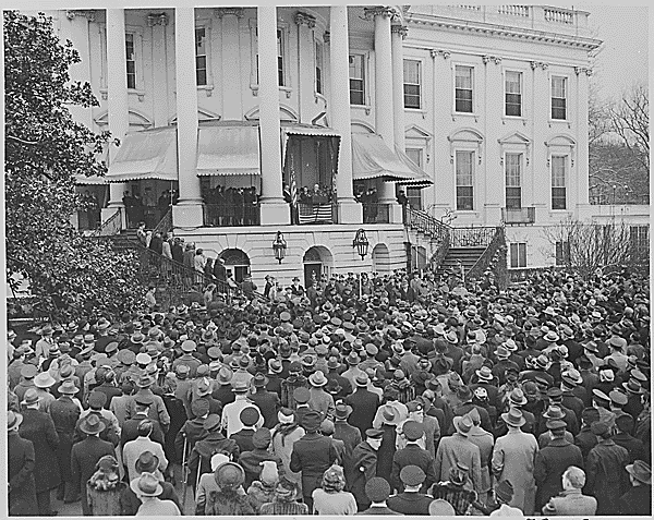 President Franklin D. Roosevelt delivering his fourth Inaugural Address, 01/20/1945 Photograph of President Franklin D. Roosevelt delivering his fourth Inaugural Address