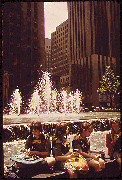 Girl Scouts Lunch Alongside Rockefeller Center Fountain 5th Avenue Side, 06/1973