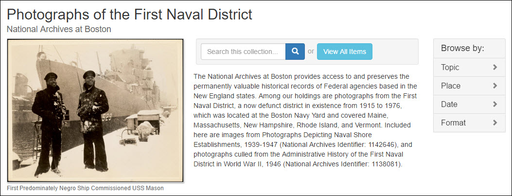 Digital Commonwealth landing page for the Photographs of the First Naval District