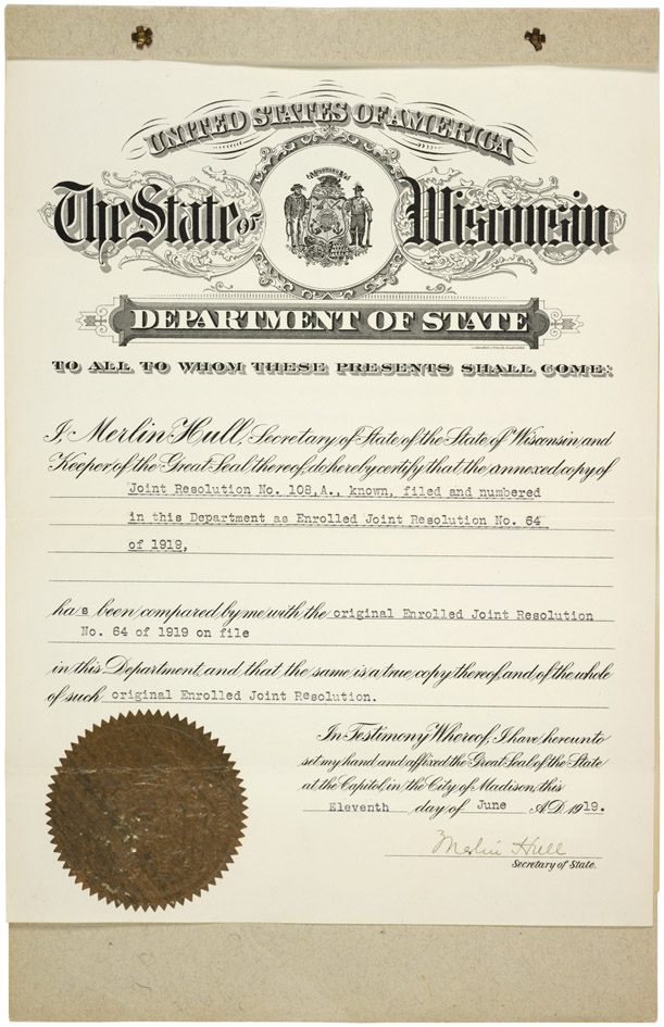 Wisonsin Ratification of the 19th Admendment, June 11, 1919 (page 1 of 3)