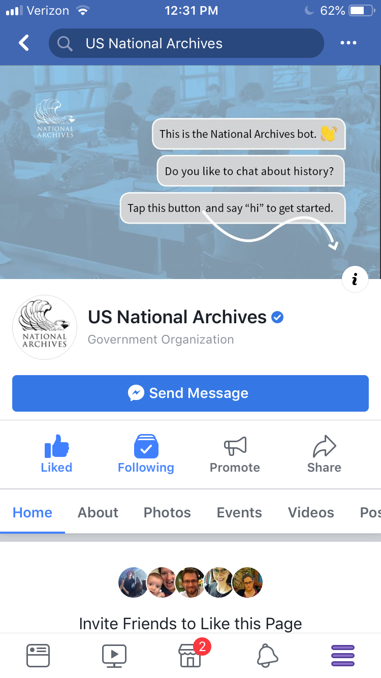 Screenshot of US National Archives Facebook page