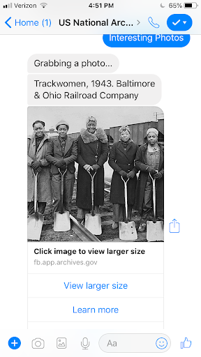 Screenshot of an interesting photo in the chatbot. This photo is of five women trackworkers with shovels. Baltimore & Ohio Railroad, 1943.