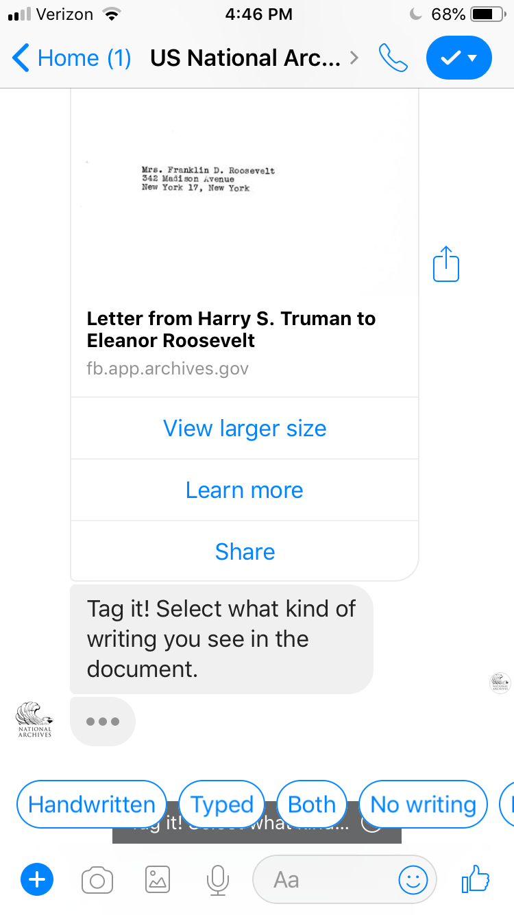Chatbot Screenshot showing a document and the options to tag is as Handwritten, typed, or both.