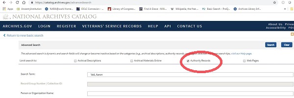 Screen Shot of Advanced Search for Authority Records.