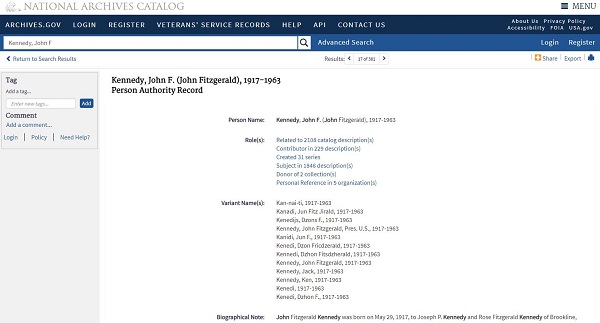 Screenshot of Kennedy, John F. Person Name File in the National Archives Catalog.